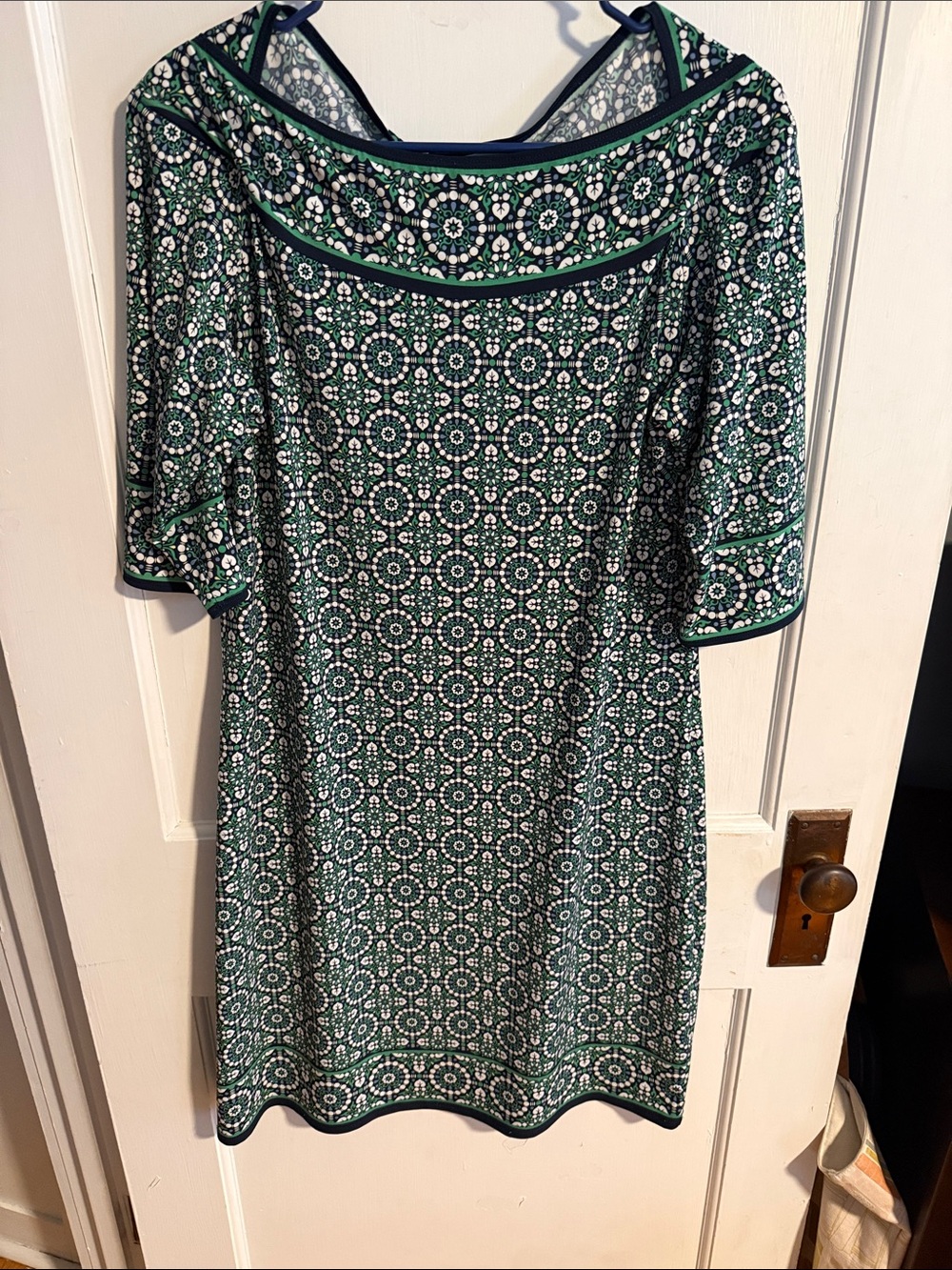 Max Studio Green and White Geometric Midi Shift Dress
